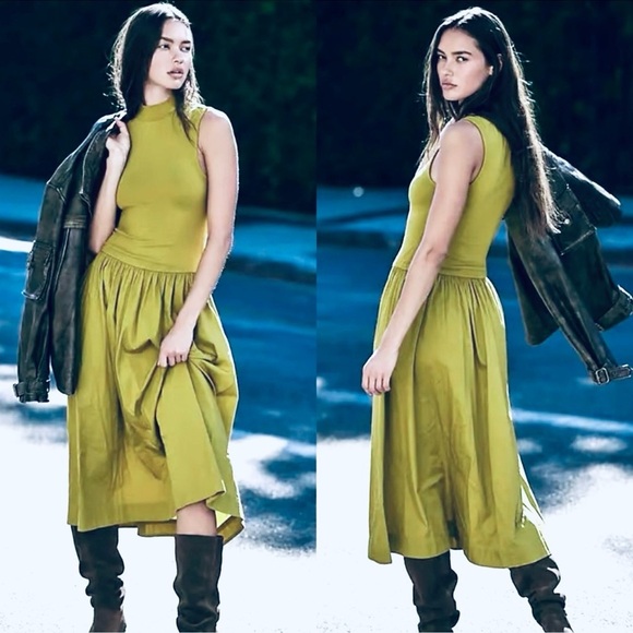 Free People Free-est Lime Green Pepita Midi Pockets Dress Size Medium New - Picture 2 of 7